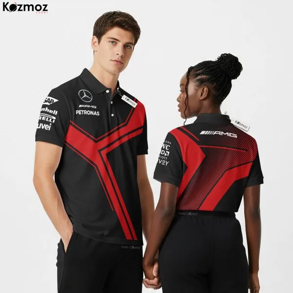 AMG Petronas Racing Shirt Polo - Red Stripes Motorsport Fans Gear Tee