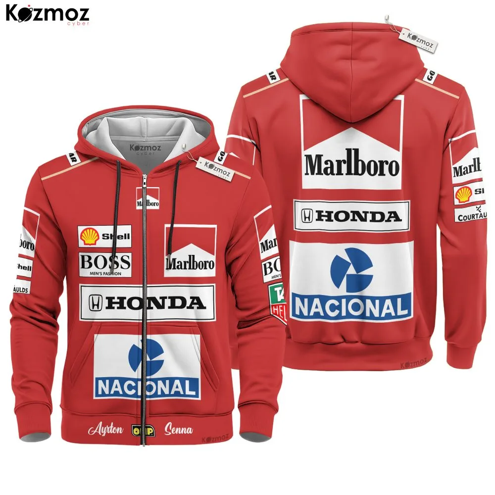 Magic Senna McLaren Grand Prix Hoodie - Tag Heuer Personalized Sweater with OMP, Nacional, Marlboro, Honda, Shell & BOSS Fashion Design - Image 2