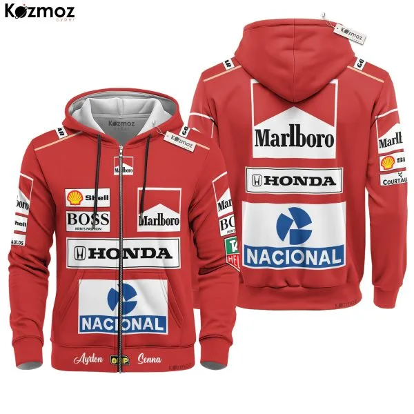 Alternative view of Magic Senna McLaren Grand Prix Hoodie - Tag Heuer Personalized Sweater with OMP, Nacional, Marlboro, Honda, Shell & BOSS Fashion Design