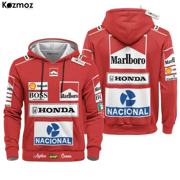 Magic Senna McLaren Grand Prix Hoodie - Tag Heuer Personalized Sweater with OMP, Nacional, Marlboro, Honda, Shell & BOSS Fashion Design