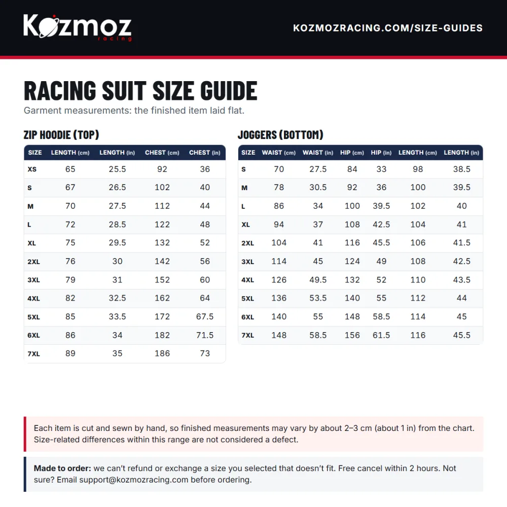 Racing Suit Size Guide - Kozmozracing