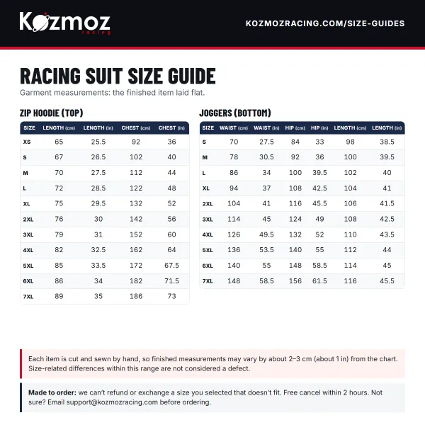 Racing Suit Size Guide - Kozmozracing