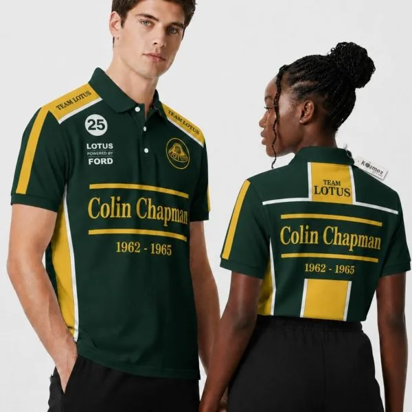 Colin Chapman Lotus 25 green and yellow fan-created polo shirt