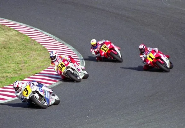 Kevin Schwantz (34), Mick Doohan (3), Wayne Rainey (1) and John Kocinski at the 1991 Japanese Grand Prix 500cc final.