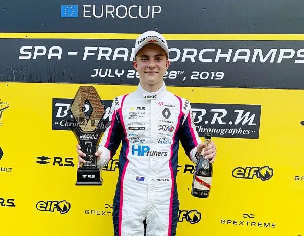 Oscar Piastri on the Formula Renault Eurocup podium at Spa-Francorchamps in 2019