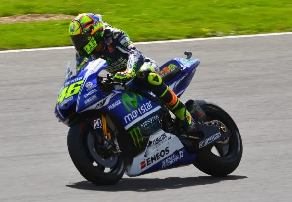 Valentino Rossi riding the Yamaha YZR-M1 during the 2014 MotoGP British Grand Prix at Silverstone on his way to third place.