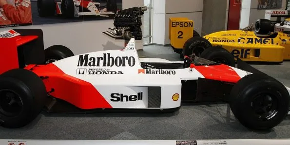 A McLaren MP4/4 in Marlboro colours shown side-on at the Honda Collection Hall