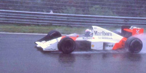 Alain Prost's McLaren in the wet at the 1989 Belgian Grand Prix