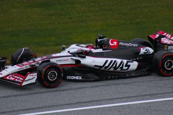 Esteban Ocon in the white, black and red Haas, number 31, on track in Austria.