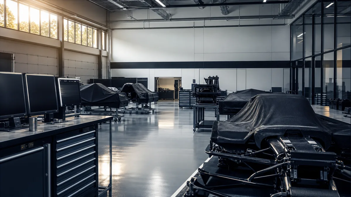Empty motorsport engineering workshop with covered parts during the factory shutdown