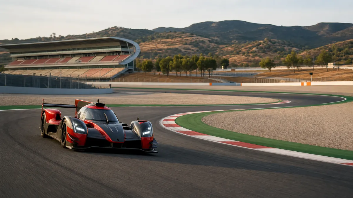 Fictional red endurance prototype driving through a technical corner at a Mediterranean circuit