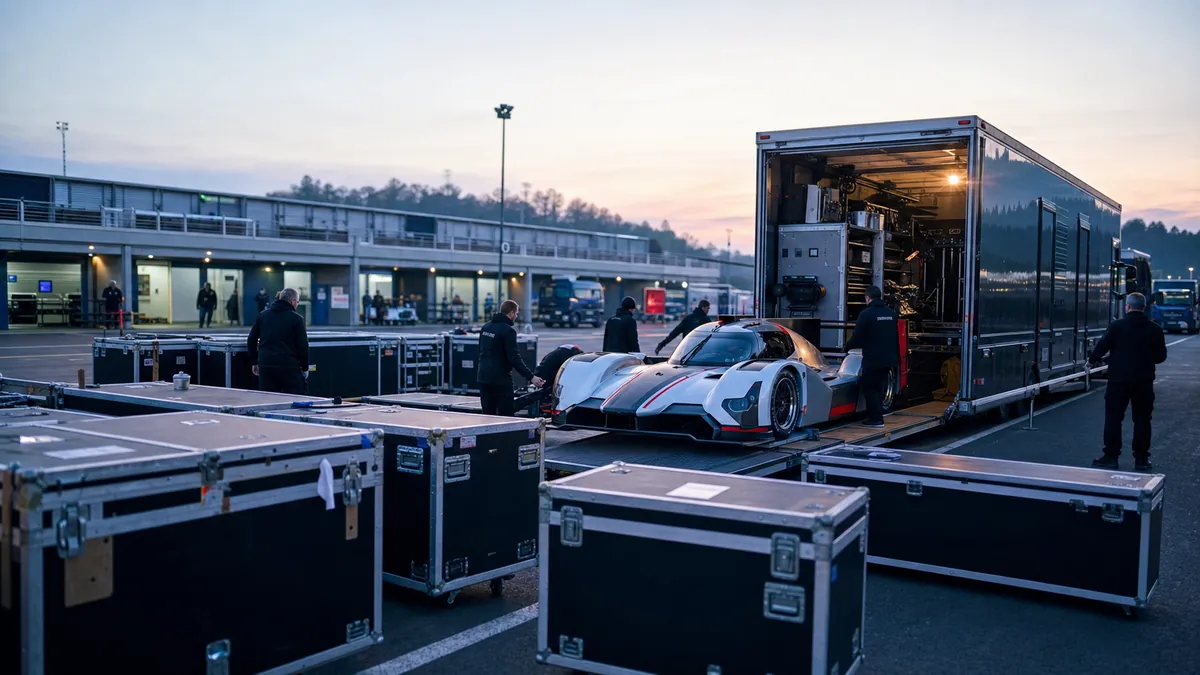 Crew unloading a fictional endurance prototype and freight cases in a European race paddock