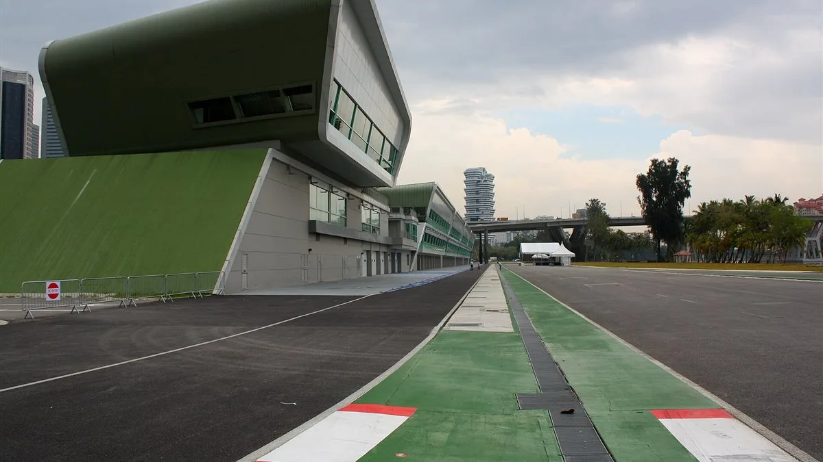Real Formula 1 pit lane and garage complex at the Singapore Grand Prix circuit