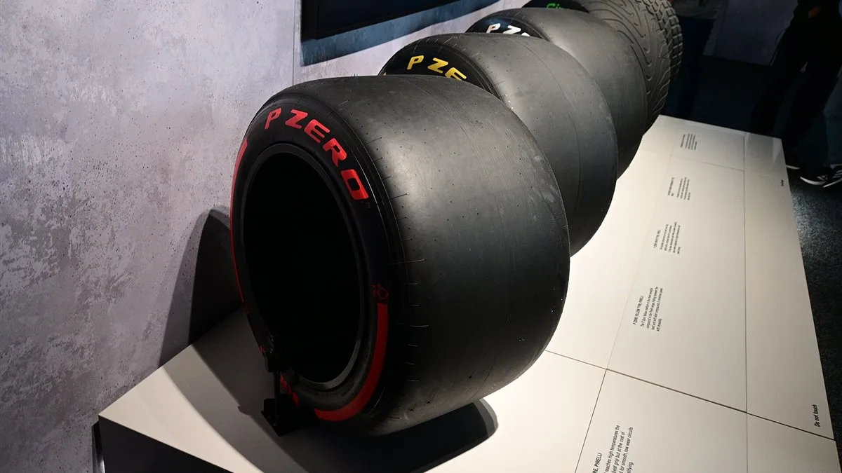 Real Formula 1 slick and treaded Pirelli tyre sets displayed at the Formula 1 Exhibition in London