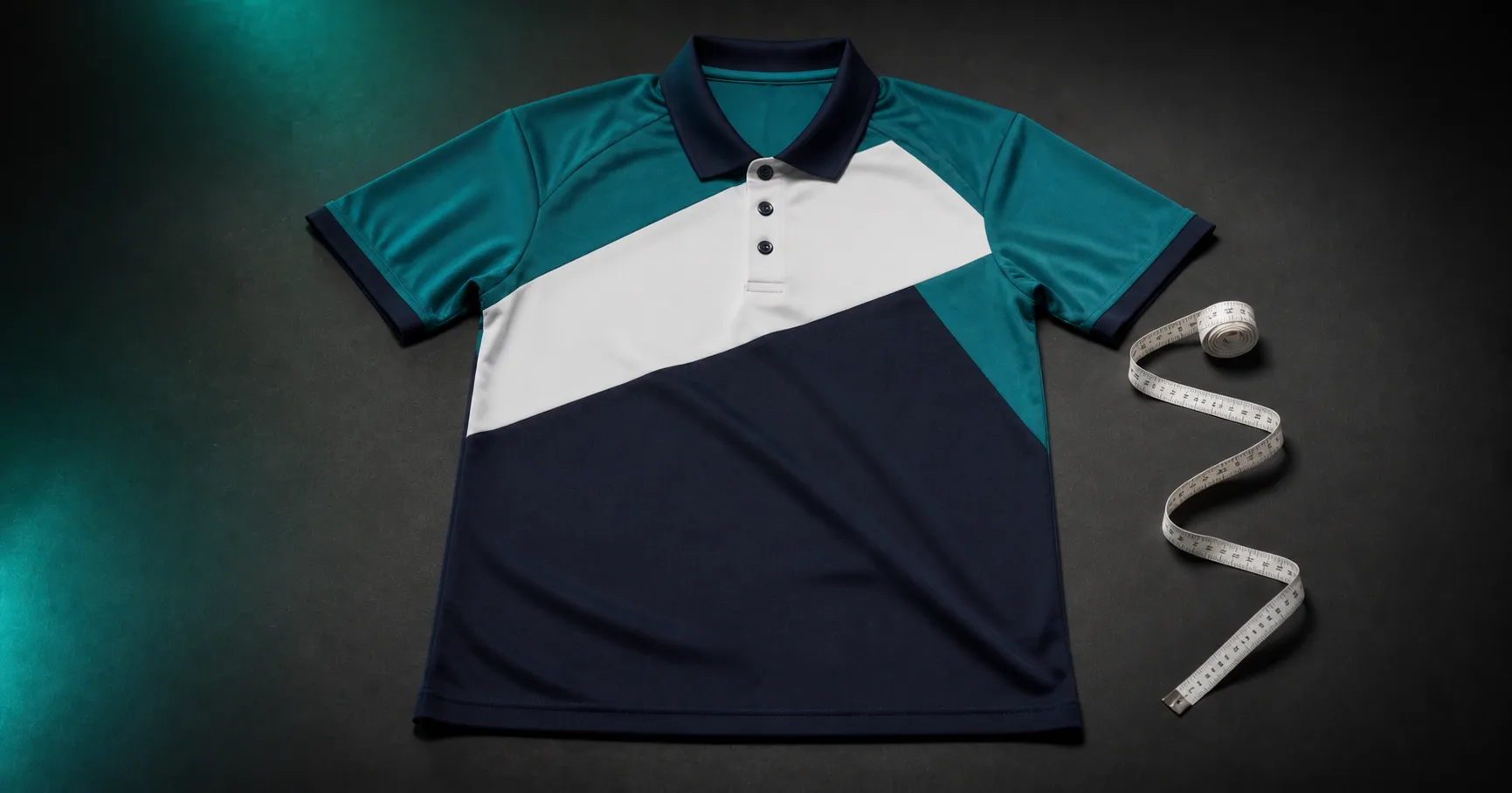 Polo Shirt Size Guide with an unbranded teal, white, and navy Polo laid flat beside a measuring tape