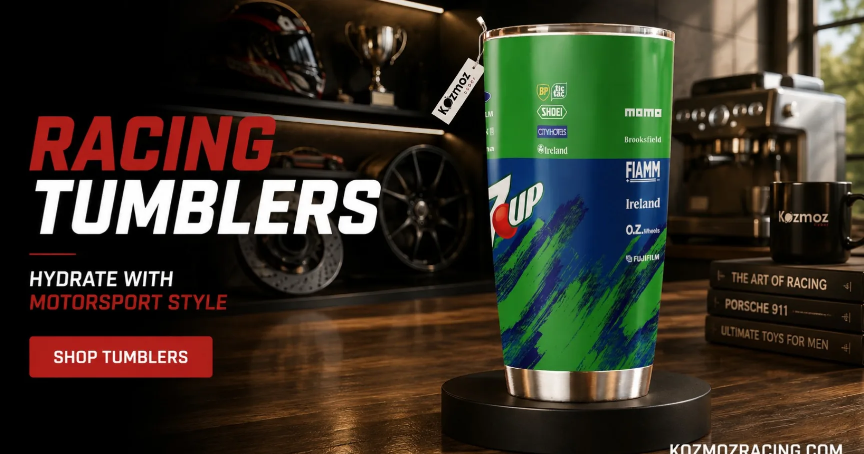 Motorsport-inspired racing tumblers displayed as practical gifts for racing fans