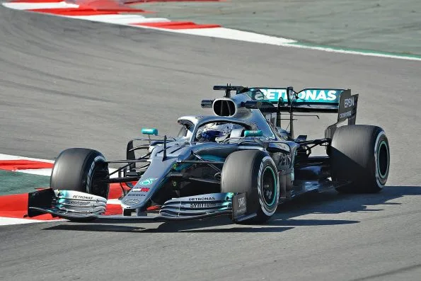 Valtteri Bottas in the silver Mercedes on track.