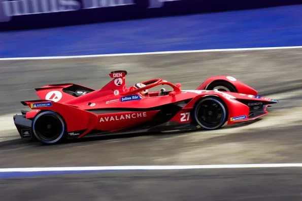 Jake Dennis's red Avalanche Andretti Formula E car, number 27, during free practice for the 2022 Mexico City ePrix.