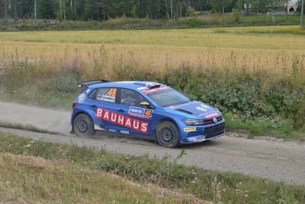Johan Kristoffersson on the Leustu stage of Rally Finland in August 2019, the year he stepped away from world rallycross to contest rallies.