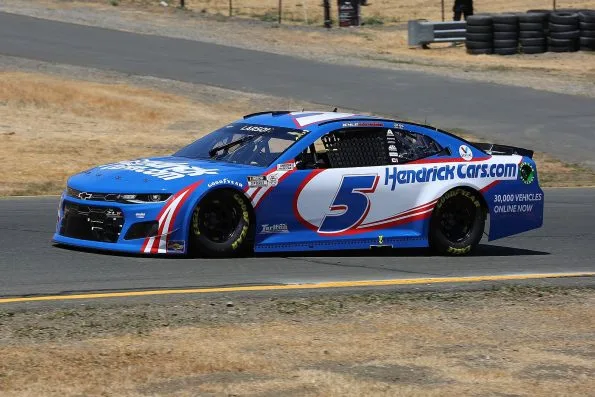 Kyle Larson's blue No. 5 HendrickCars.com Chevrolet at Sonoma Raceway in 2021, his championship season.