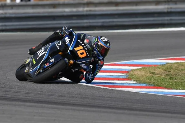 Luca Marini cornering his number 10 Sky Racing Team VR46 Moto2 machine at Brno in 2018.